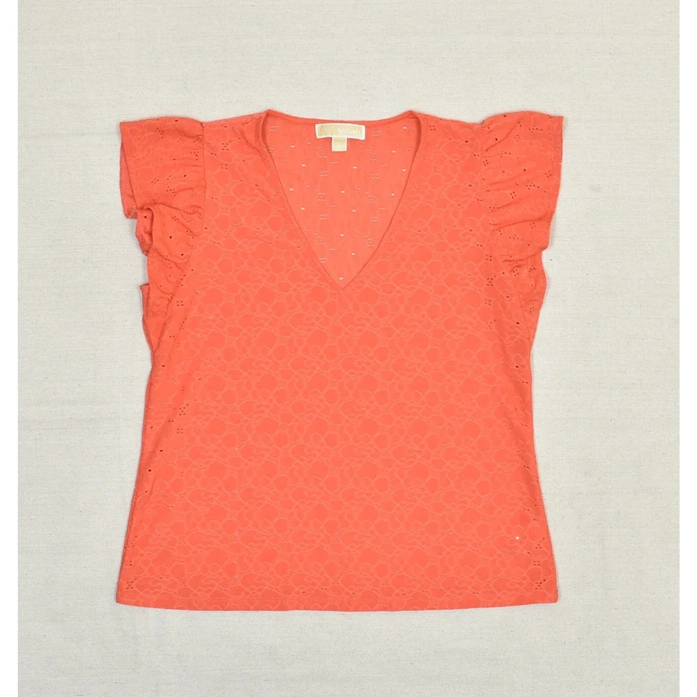 Michael Kors Women's Blouse V Neck Short Sleeve Floral Polyester Orange Size L